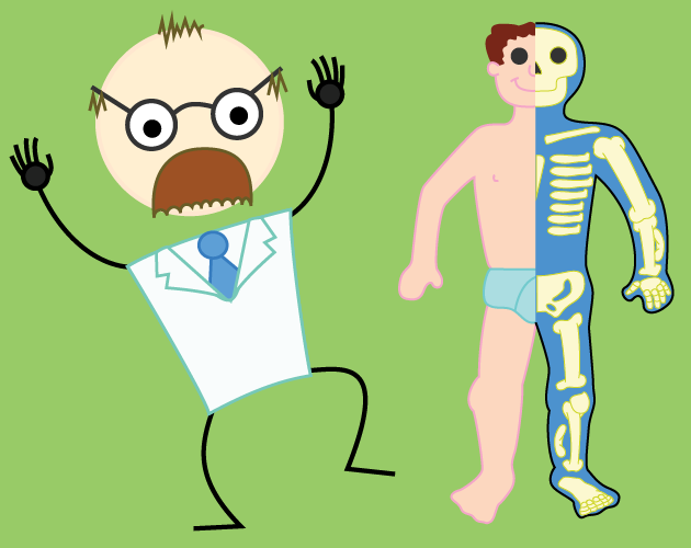 A screenshot showing a cartoon doctor character and an x-rayed image o a man showing major bones in the body.
