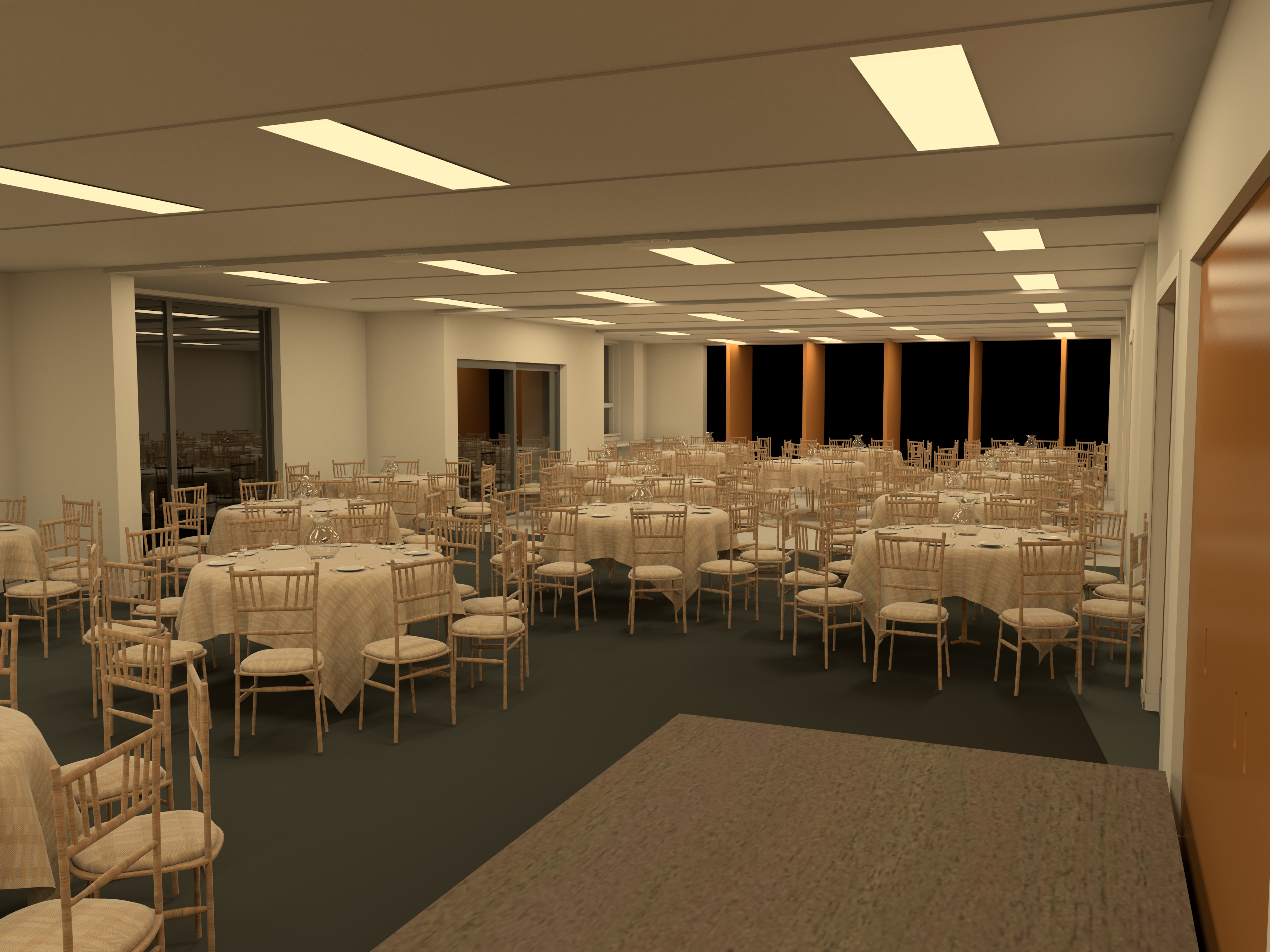 A realistic 3D render of a round table dinner party. A long shot showing the length of the room.