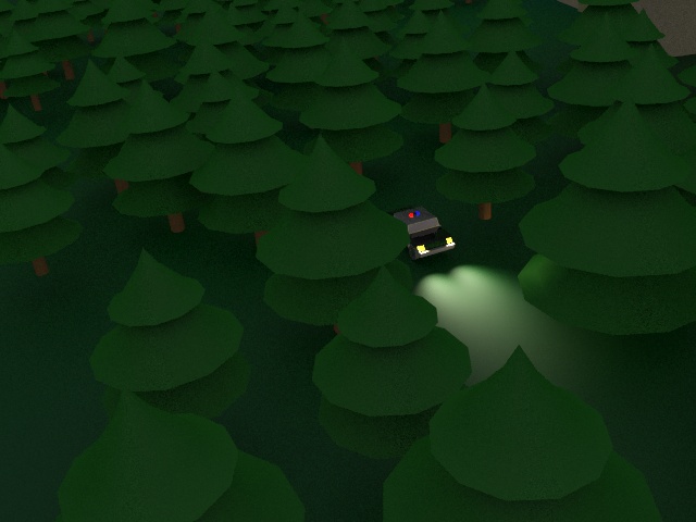 A police car drives through the woods at night.