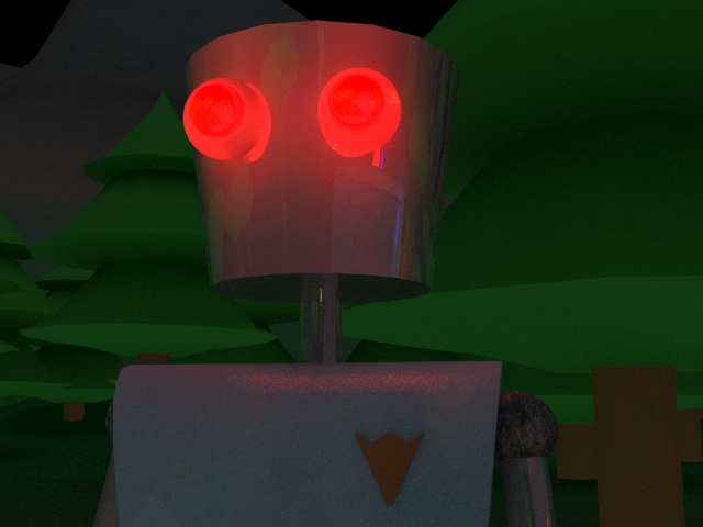 A shiny metal robot with glowing eyes wearing a police badge.