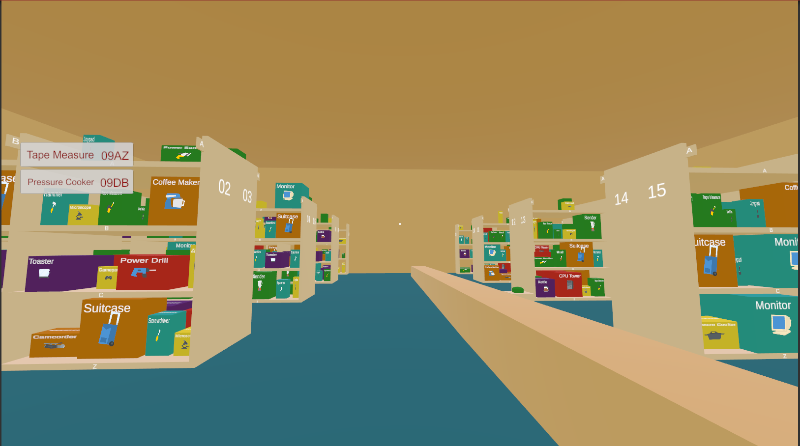 A screenshot shows a 3D stockroom with lots of colourful items filling the many shelves.