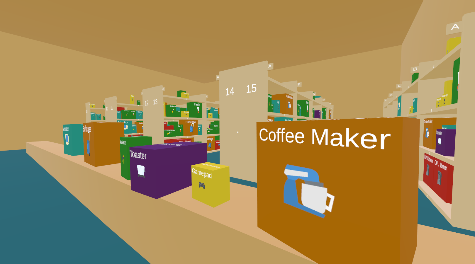 A screenshot shows a 3D stockroom with lots of colourful items filling the many shelves.