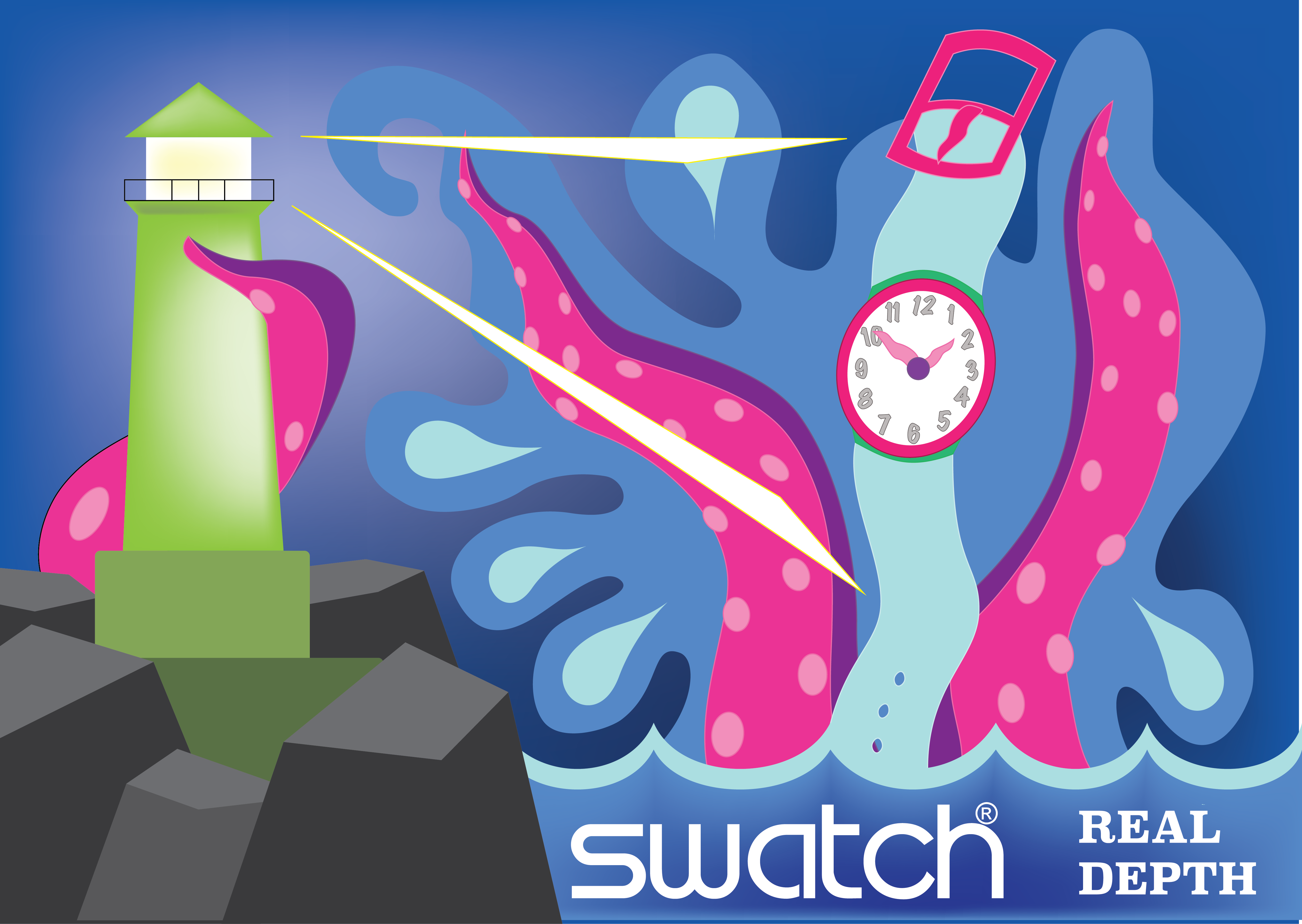 A poster for Swatch depicting a giant tentacled sea monster attacking a lighthouse. One of the tentacles is a giant wristwatch.