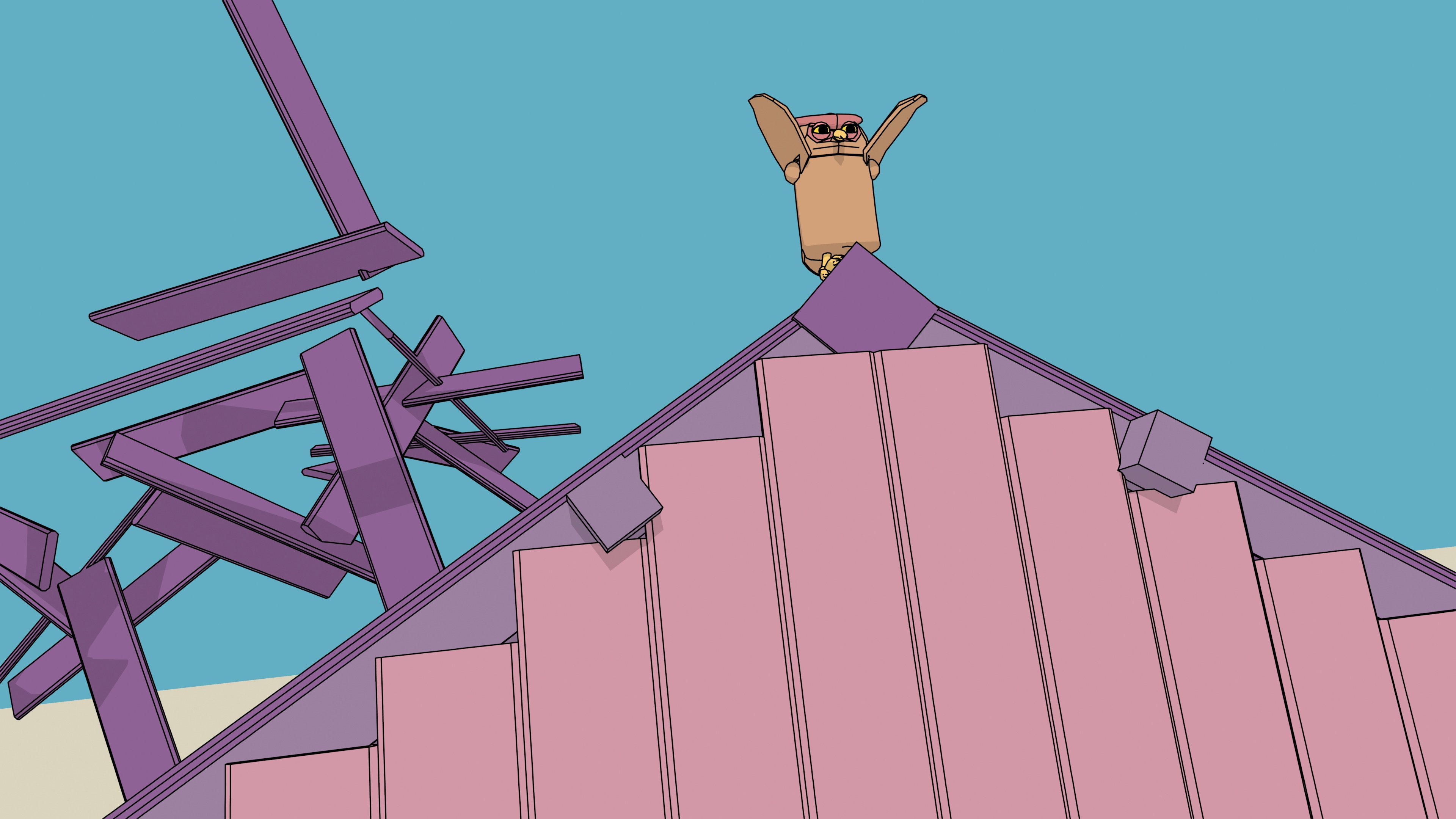 A cartoon horned owl takes flight from a barn roof as an explosion in the barn sends the roof planks into the air.